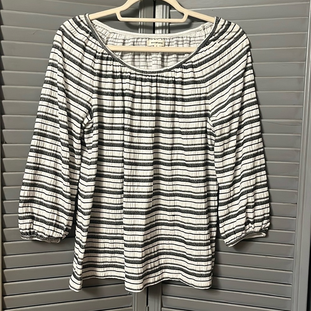 Peasant Style 3/4 Sleeve Knit Top, Black & White Stripes, 3/4 Sleeves, Size S
